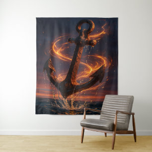 Fiery Rustic Anchor – Nautical Fantasy Wall Art Tapestry