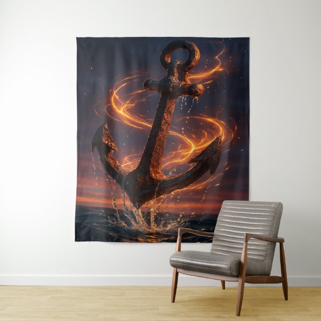 Fiery Rustic Anchor – Nautical Fantasy Wall Art Tapestry (In Situ)