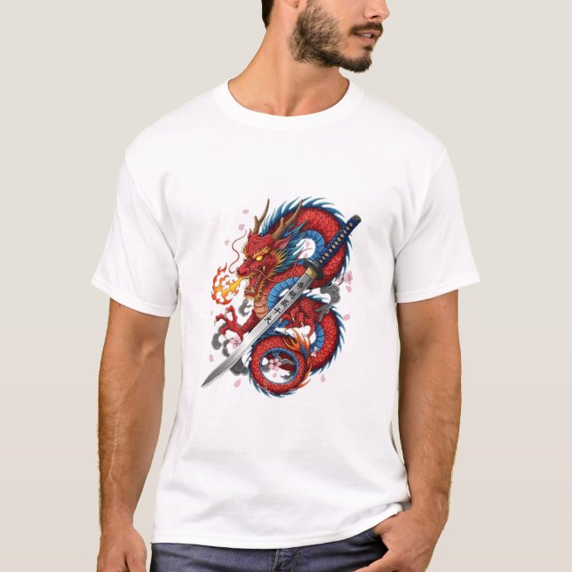 Fiery Samurai Dragon – Japanese Katana tshirt (Front)