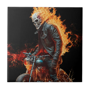 Fiery Skull Biker Ceramic Tile Art