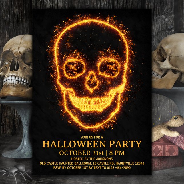 Fiery Skull Halloween Party Invitation (Halloween invitation fiery skull, let's set the party on fire. Burning skull Halloween invitation)