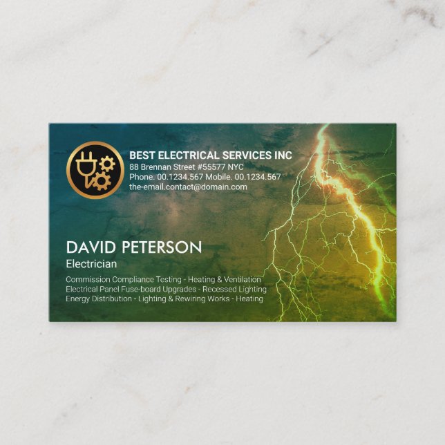 Fiery Sky Illuminating Lightning Electrician Business Card (Front)