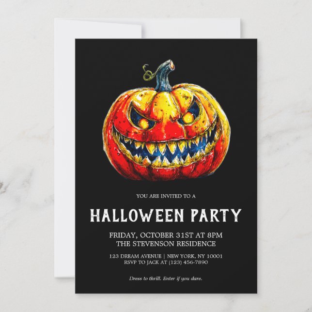 Fiery Smiling Pumpkin Gothic Halloween Party Invitation (Front)