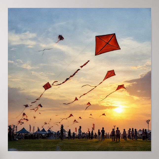 Fiery Sunset Kites - Festival Silhouettes Poster (Front)