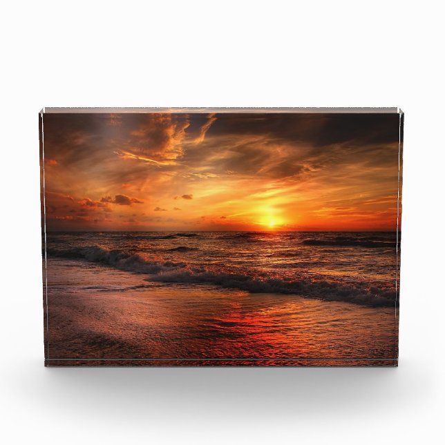 Fiery Sunset Ocean Waves Photo Block (Front)