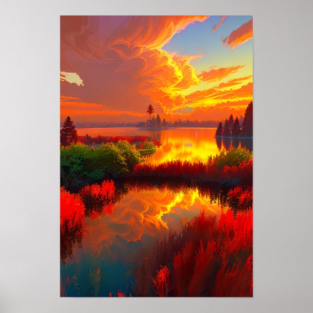Fiery Sunset Reflection, Lake Bathed in Crimson Poster (Front)