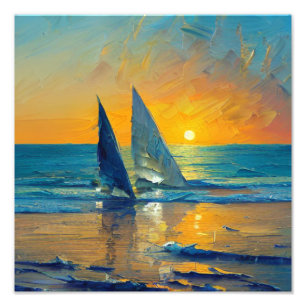 Fiery Sunset Sailboats Painting Photo Print