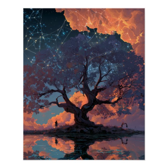 Fiery Sunset Tree Reflection Fantasy Art Poster (Front)