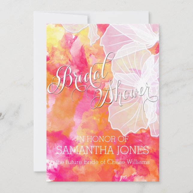 FIERY SUNSET WATERCOLOR HOLLYHOCK WEDDING INVITATION (Front)