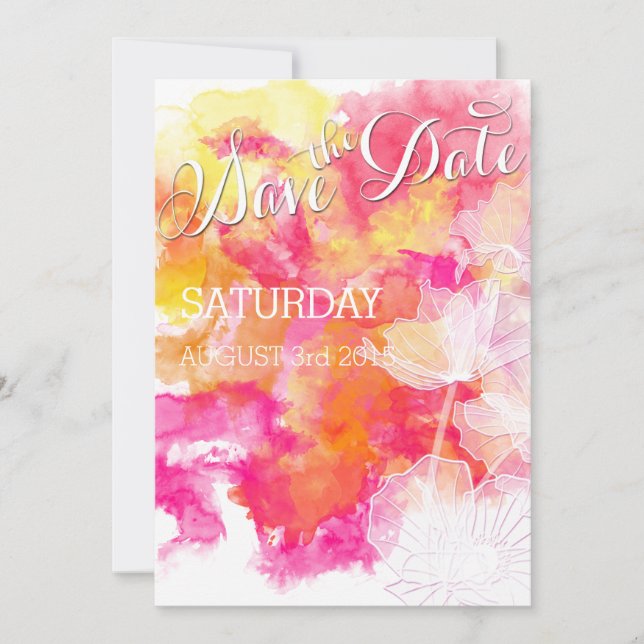 FIERY SUNSET WATERCOLOR HOLLYHOCK WEDDING SAVE THE DATE (Front)