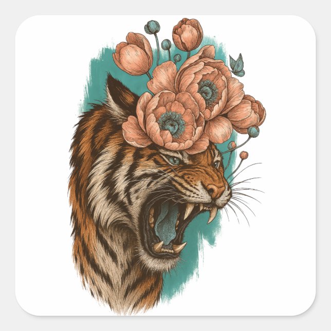 Fiery Tiger Bloom Square Sticker (Front)