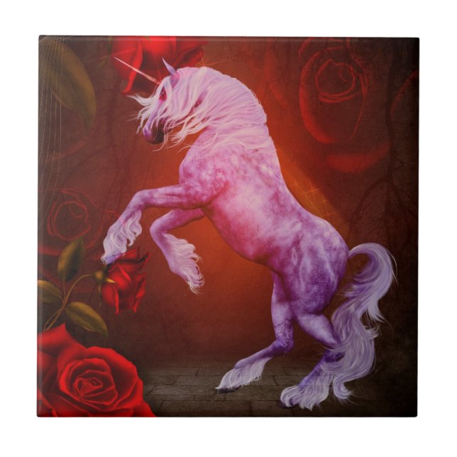 Fiery Unicorn Horse And Roses Animal Ceramic Tile (Front)