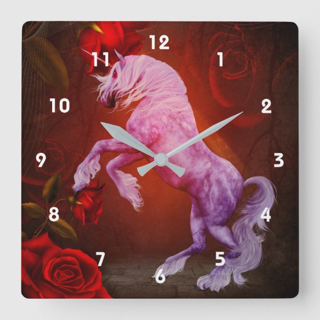 Fiery Unicorn Horse Red Roses Fantasy Square Wall Clock (Front)