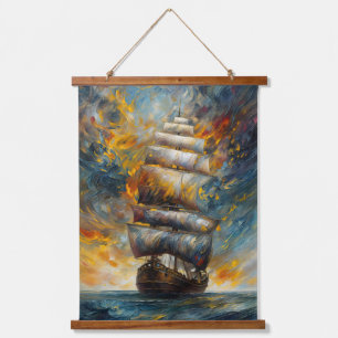 Fiery Voyage Dramatic Sailing Ship at Sunset Art Hanging Tapestry