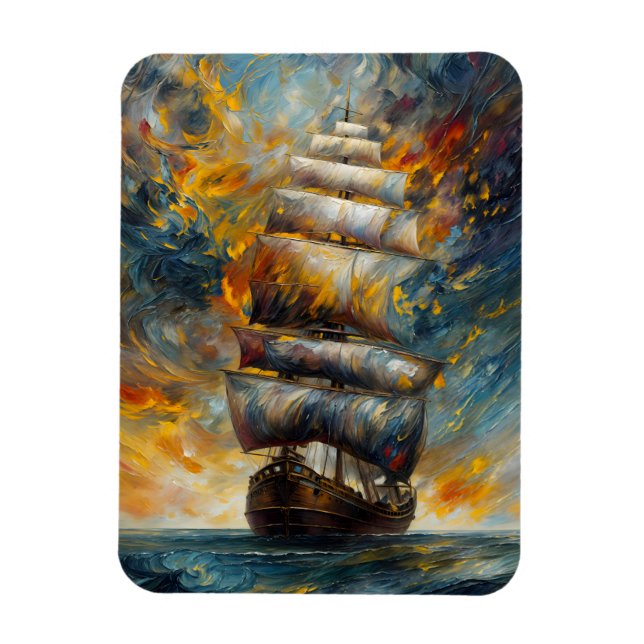 Fiery Voyage Dramatic Sailing Ship at Sunset Art Magnet (Vertical)