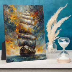 Fiery Voyage Dramatic Sailing Ship at Sunset Art Plaque