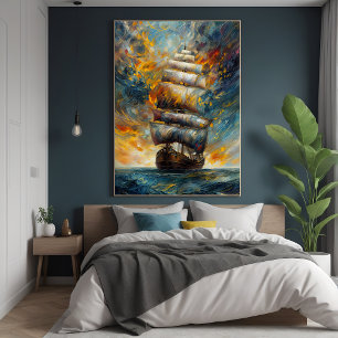 Fiery Voyage – Dramatic Sailing Ship at Sunset Art Poster