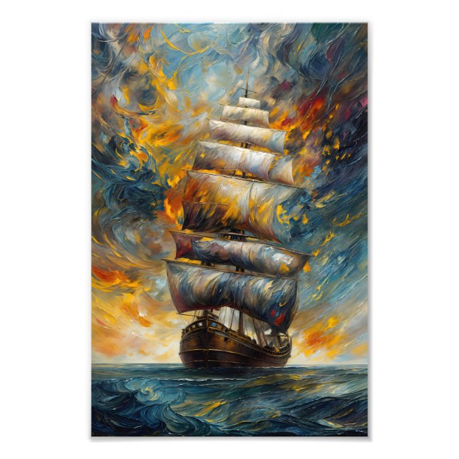 Fiery Voyage Dramatic Sailing Ship at Sunset Photo Print (Front)