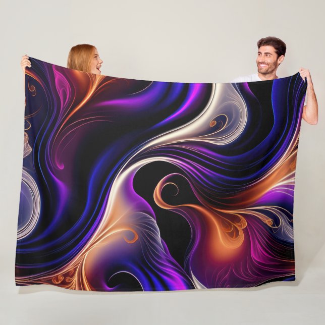 Fiery Waves - Bold Purple, Orange, Gold Abstract Fleece Blanket (In Situ)