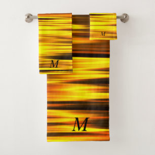 Fiery Yellow Orange Brown Abstract Design Monogram Bath Towel Set