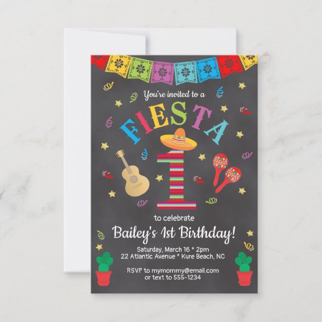 Fiesta 1st Birthday Invitation Colourful Chalkboar (Front)