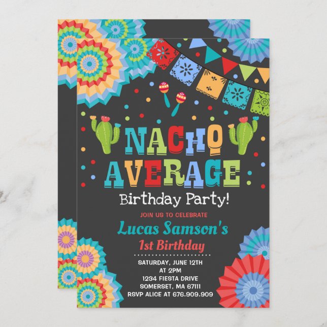 Fiesta 1st Birthday Invitation Nacho Average Party (Front/Back)
