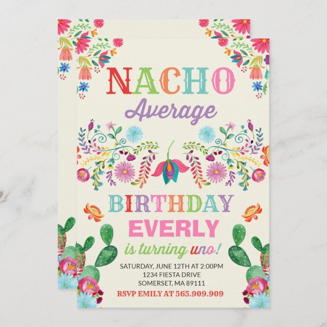 Fiesta 1st Birthday Invitation Nacho Average Party (Front/Back)