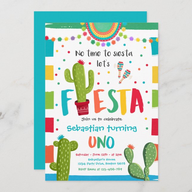 Fiesta 1st Birthday Party Mexican Cactus Party Invitation (Front/Back)