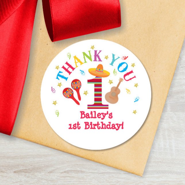 Fiesta 1st Birthday Thank You Colourful Mexican Classic Round Sticker (Creator Uploaded)