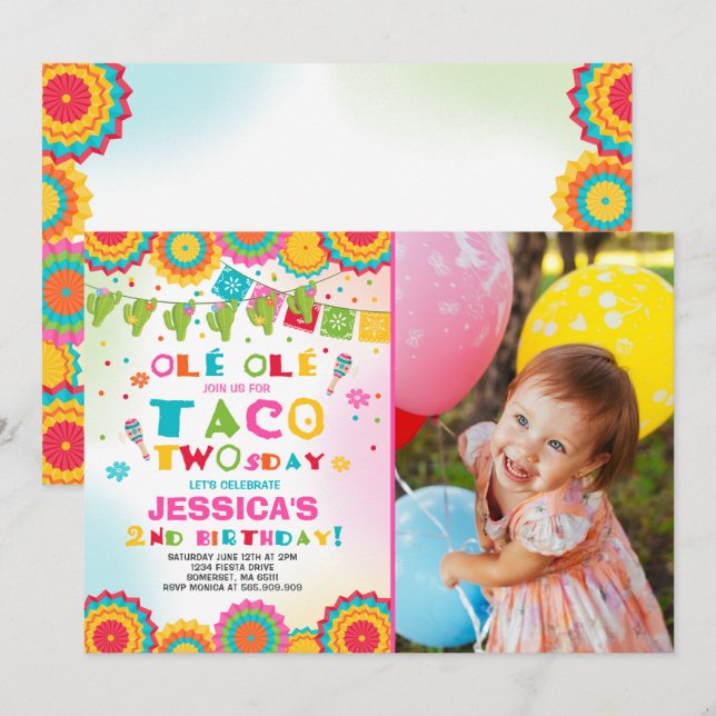 Fiesta 2nd Birthday Invitation Taco Twosday Party (Front/Back)
