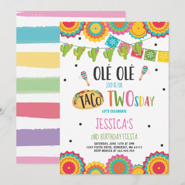 Fiesta 2nd Birthday Invitation Taco Twosday Party (Front/Back)