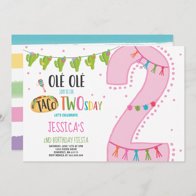 Fiesta 2nd Birthday Invitation Taco Twosday Party (Front/Back)