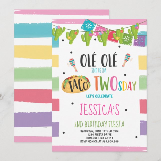 Fiesta 2nd Birthday Invitation Taco Twosday Party (Front/Back)