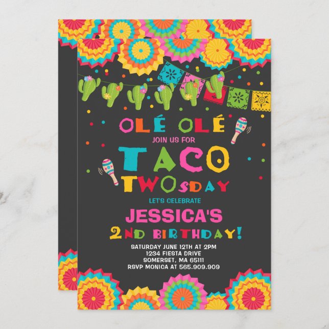 Fiesta 2nd Birthday Invitation Taco Twosday Party (Front/Back)