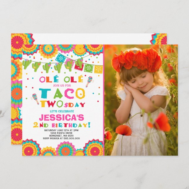Fiesta 2nd Birthday Invitation Taco Twosday Party (Front/Back)