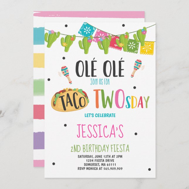 Fiesta 2nd Birthday Invitation Taco Twosday Party (Front/Back)