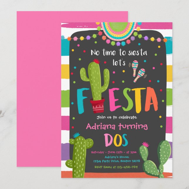 Fiesta 2nd Birthday Party Mexican Cactus Party Invitation (Front/Back)