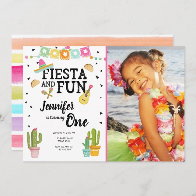 Fiesta and Fun Cactus Mexican Girl First Birthday Invitation (Front/Back)