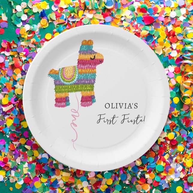 Fiesta and Fun Piñata Llama Girl First Birthday Paper Plate (Creator Uploaded)