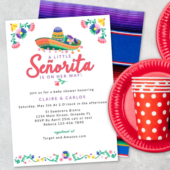 Fiesta Baby Shower Invitation – Floral Sombrero Ta (Mexican Fiesta Baby Shower)