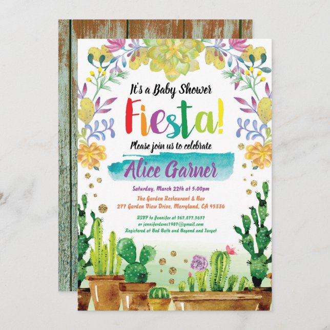 Fiesta baby shower invitation with cactus (Front/Back)