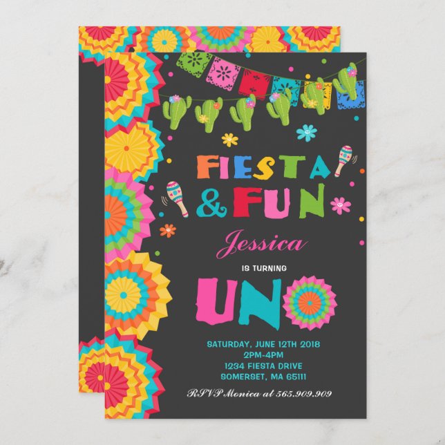 Fiesta Birthday Invitation Fiesta Fun Turning Uno (Front/Back)