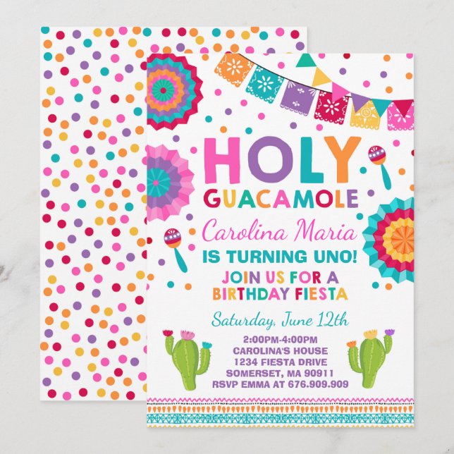 Fiesta Birthday Invitation Holy Guacamole Party (Front/Back)