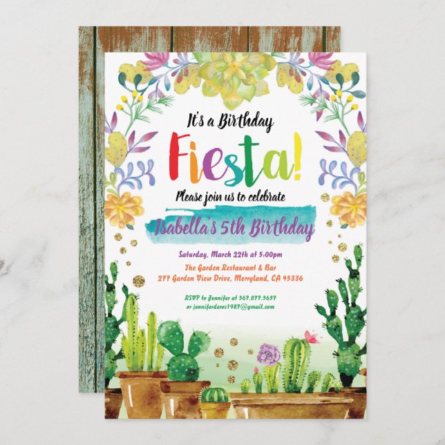 Fiesta birthday party invitation with cactus (Front/Back)