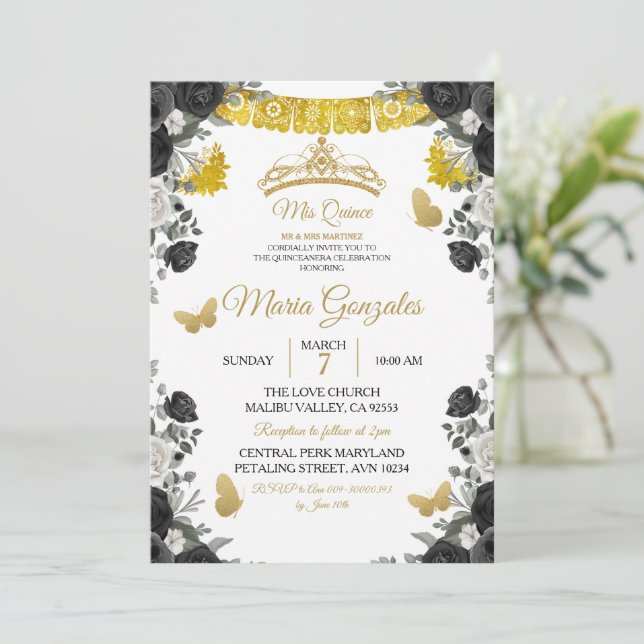 Fiesta Black & Gold Butterfly Mis XV Anos Invitation (Standing Front)