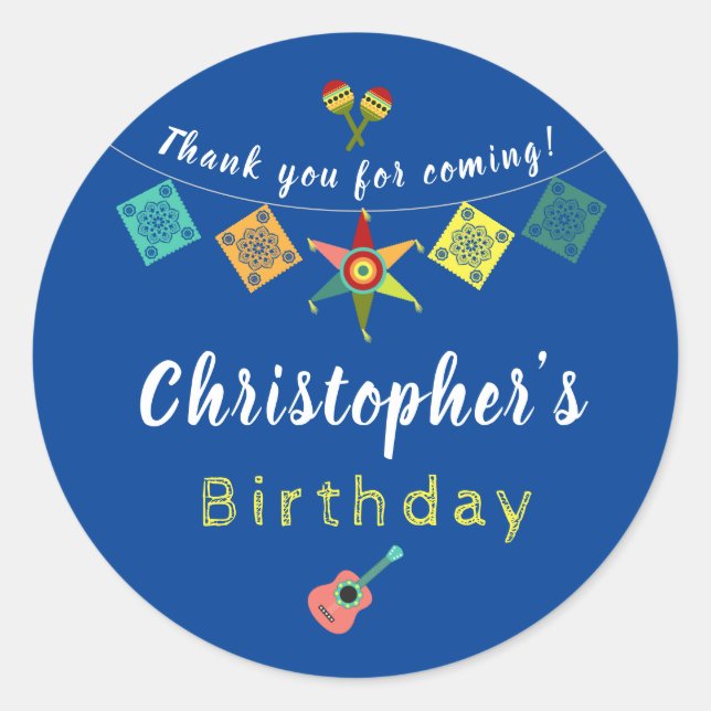 Fiesta Blue Maracas Boy's Birthday Party Thank You Classic Round Sticker (Front)