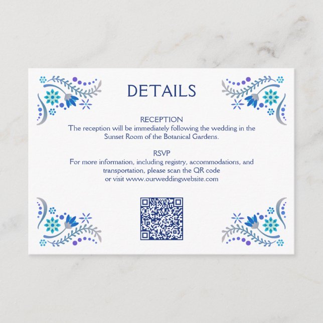 Fiesta Blue Wedding QR Details Enclosure Card (Front)