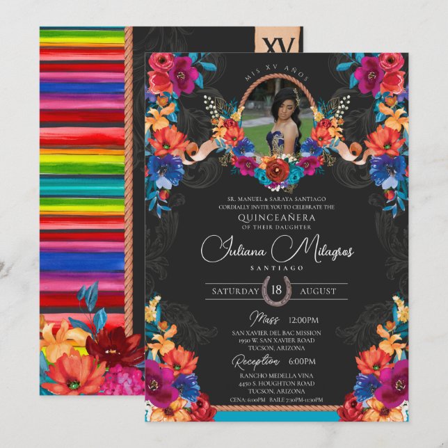 Fiesta Bright Floral and Serape Charro Quinceanera Invitation (Front/Back)