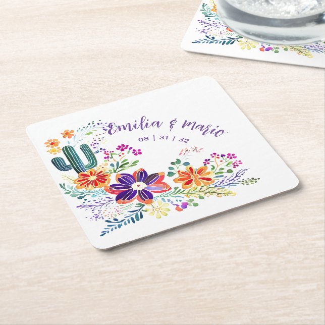 FIESTA Cacti Folkart Flowers Custom Square Paper Coaster (Angled)