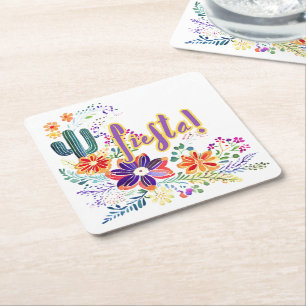 FIESTA Cacti Folkart Flowers Custom Square Paper Coaster